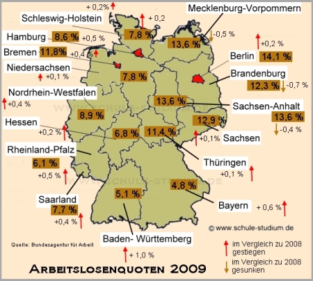 Arbeitslosenquote Deutschland 2009 nach Bundesland Arbeitslosigkeit in Deutschland 2009. Arbeitslosenquote nach Bundesland
