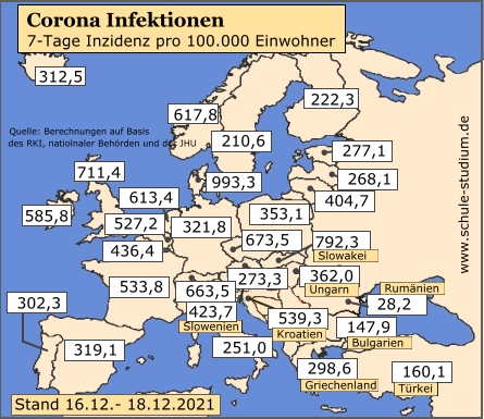 Corona Infektionen EU Länder, Dezember 16.-18. Dezember 2021 Corona Pandemie. Infektionen in der EU