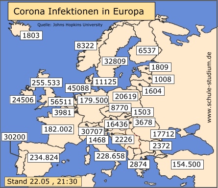 Corona Infektionen EU Länder, 22. Mai Corona Pandemie. Infektionen in der EU