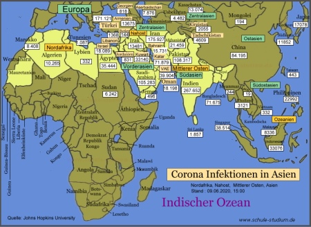 Corona Infektionen in Nordafrika, Vorder-,Zentral- und Ostasien