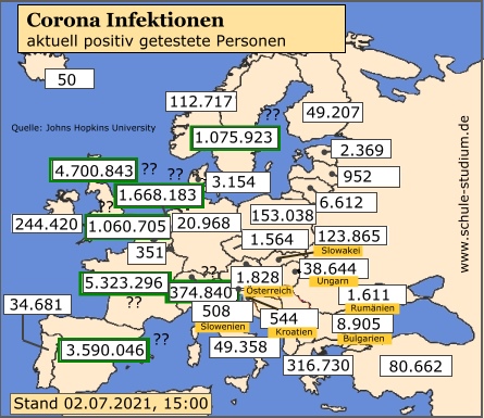 Corona Infektionen EU Länder, 03. Juni 2021 Corona Pandemie. Infektionen in der EU