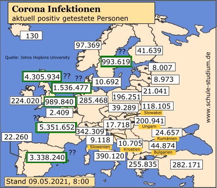 Corona Infektionen EU Länder, 09. Mai 2021 Corona Pandemie. Infektionen in der EU